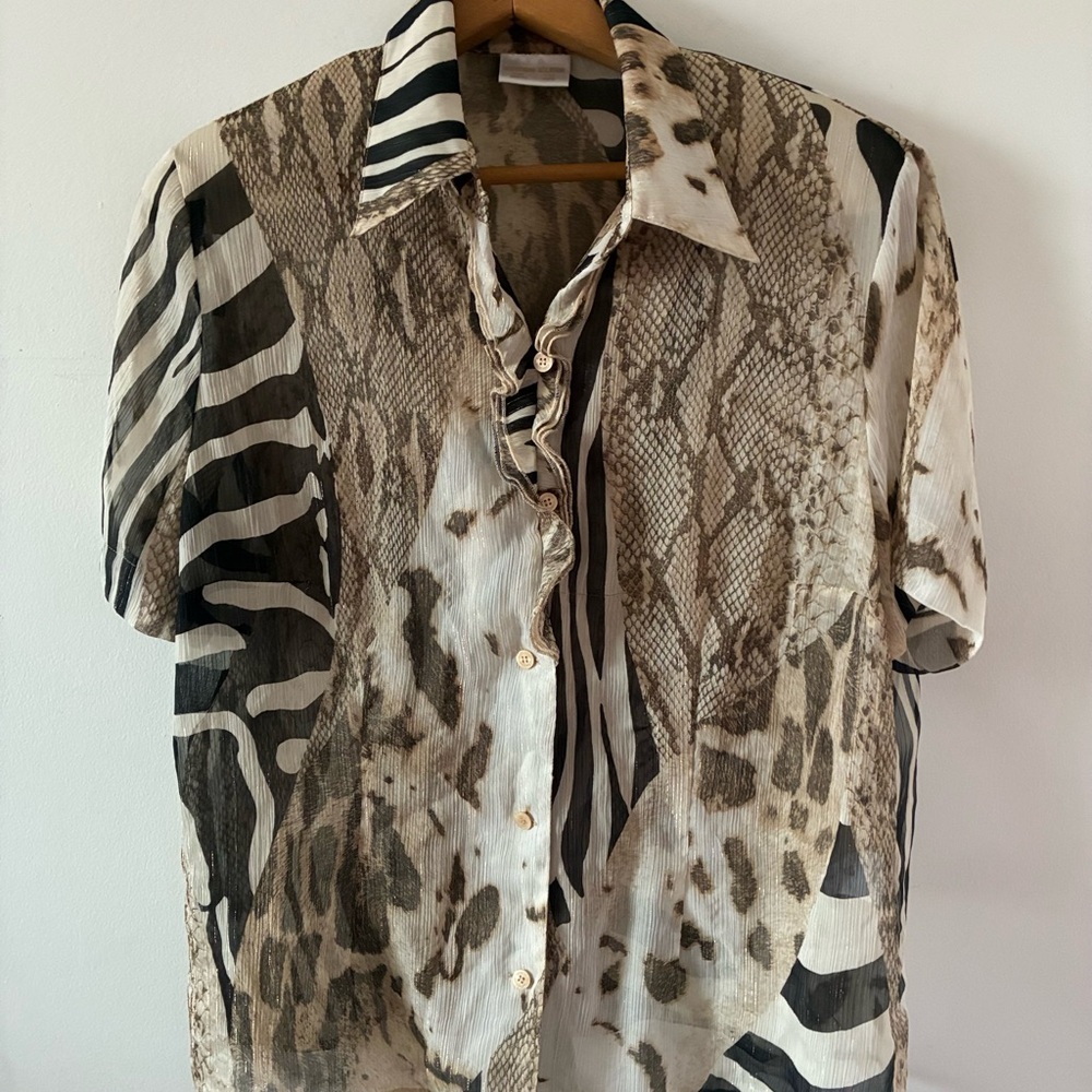 Eugen Klein Animal Print Metallic Semi- Sheer Button-Up Blouse Ruffles Size 12